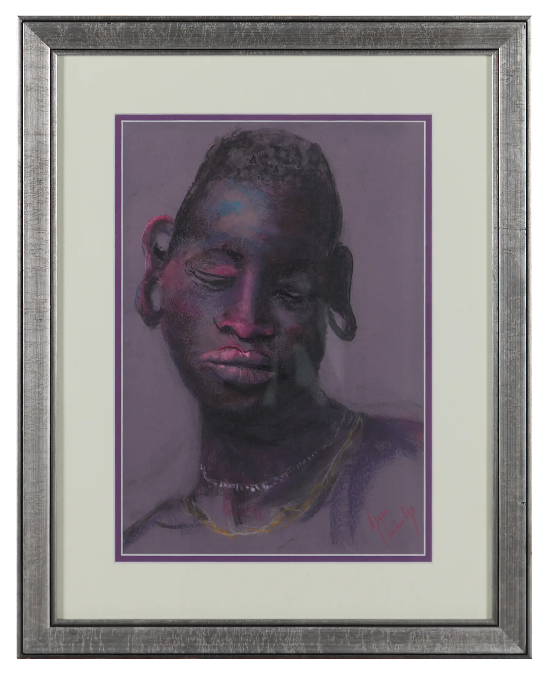A pastel portrait of a young man, head inclined and eyes lowered, worked in violet and deep brown on a mauve ground, in a silver frame