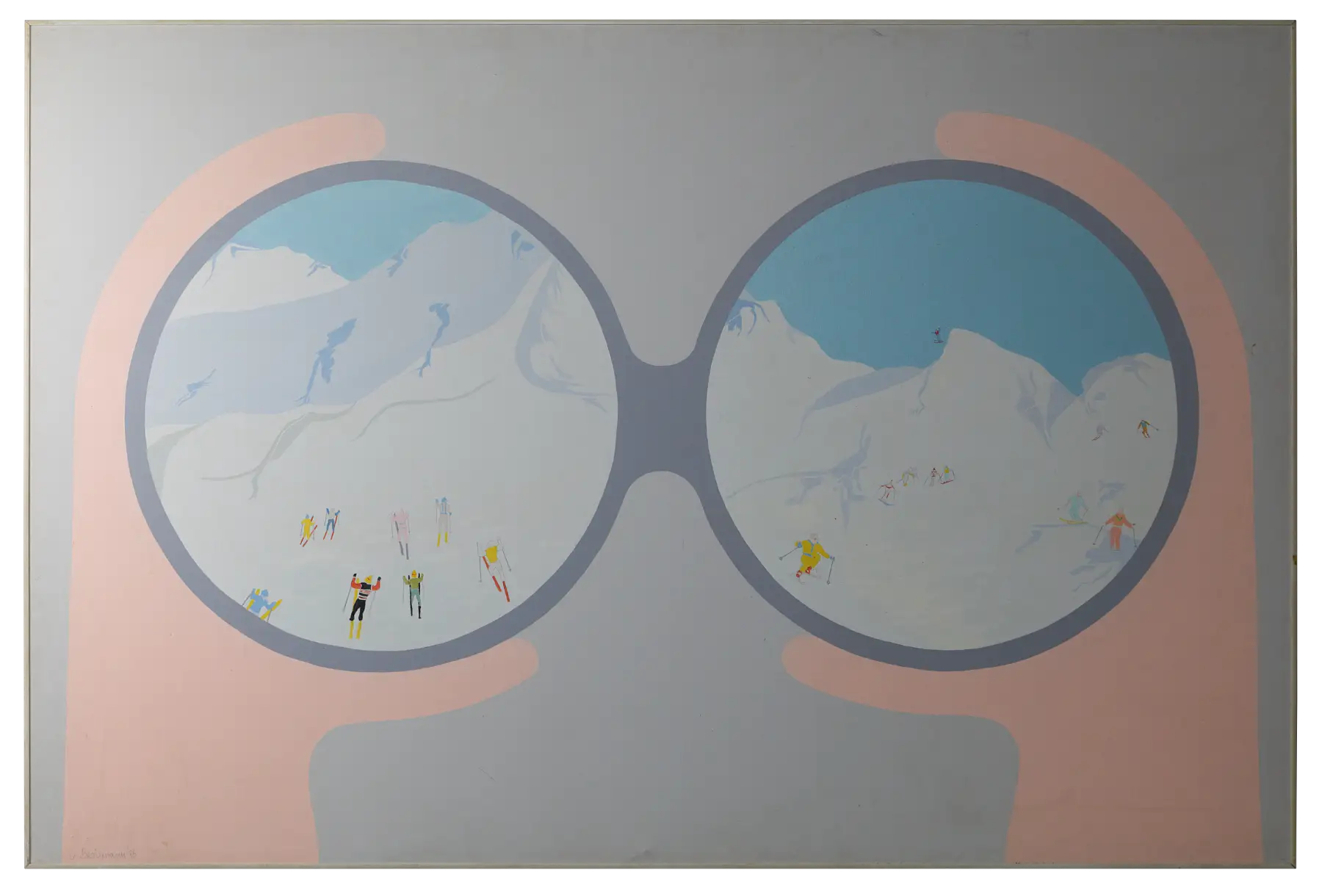 A pair of oversized sunglasses held up by pink hands, each lens holding a snowfield with small brightly dressed skiers