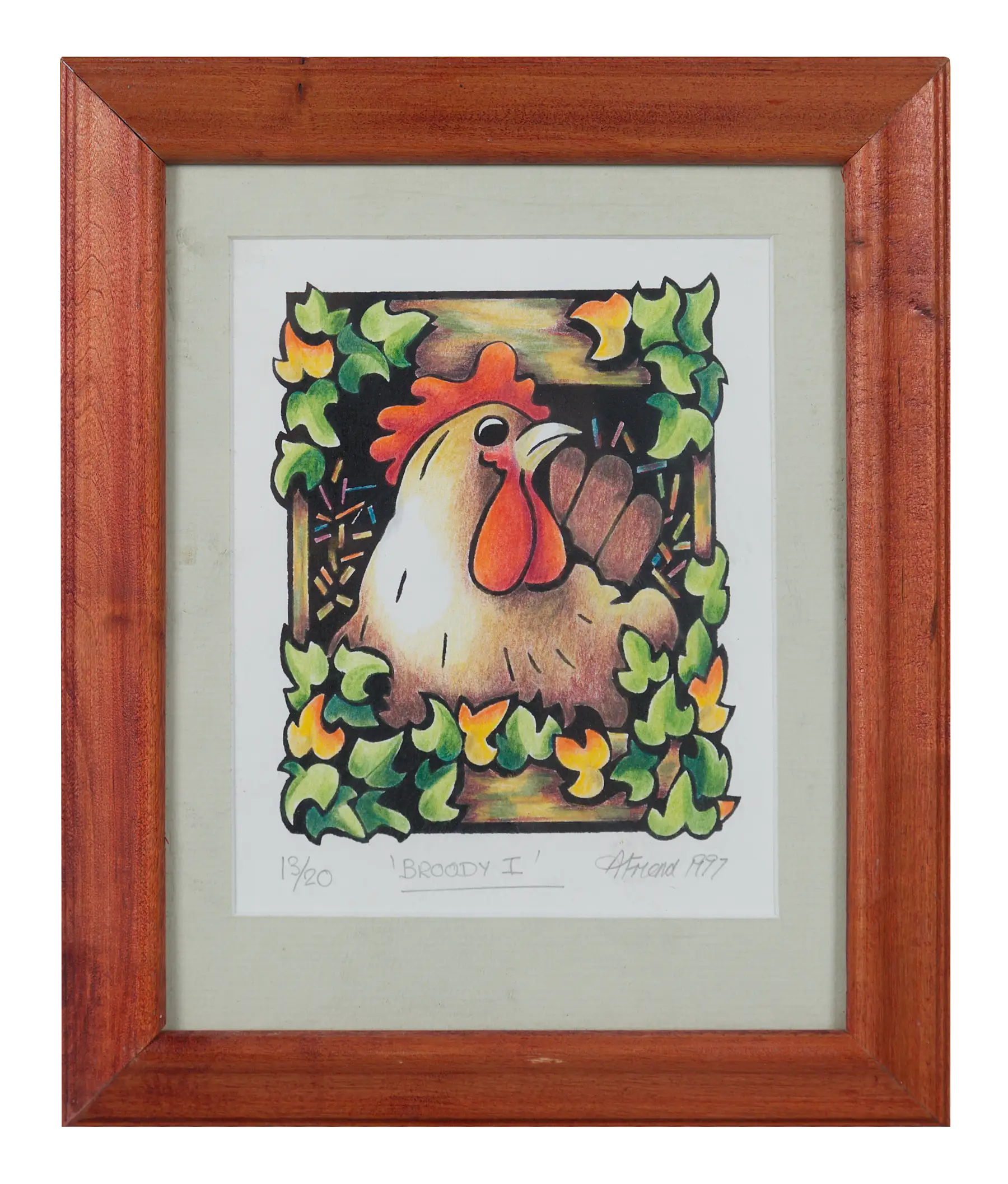 A screen print of a stylised hen sitting among green and yellow leaves, pencil-inscribed 13 of 20 beneath the image