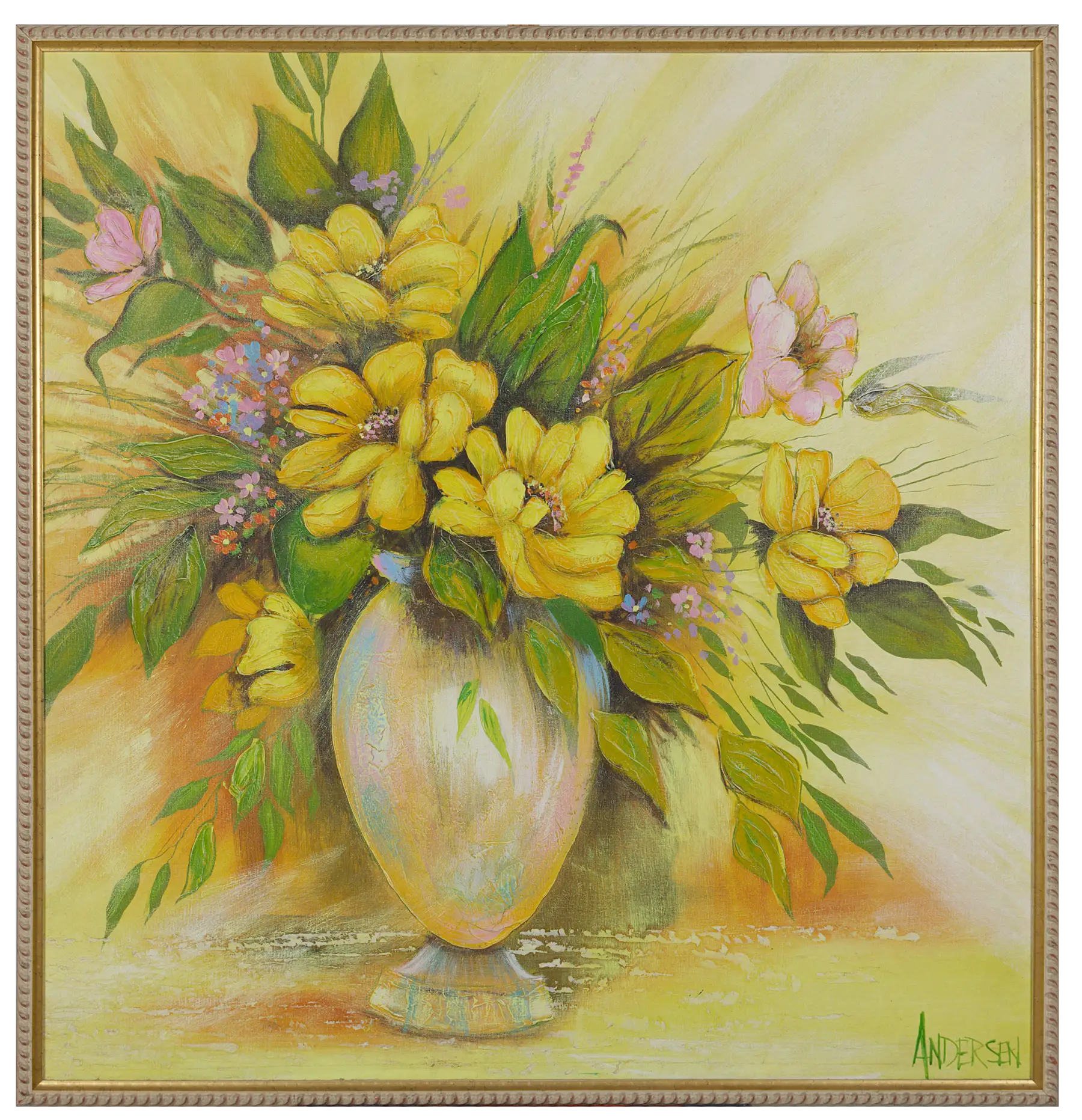 Yellow flowers with green foliage in a pale iridescent vase, against a warm yellow ground