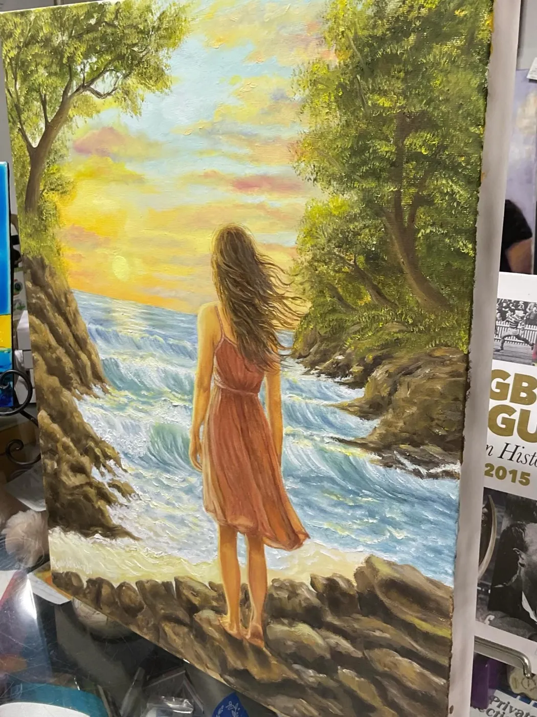 Untitled seashore painting by Pegah Lajevardi — woman in a coral dress watching the surf