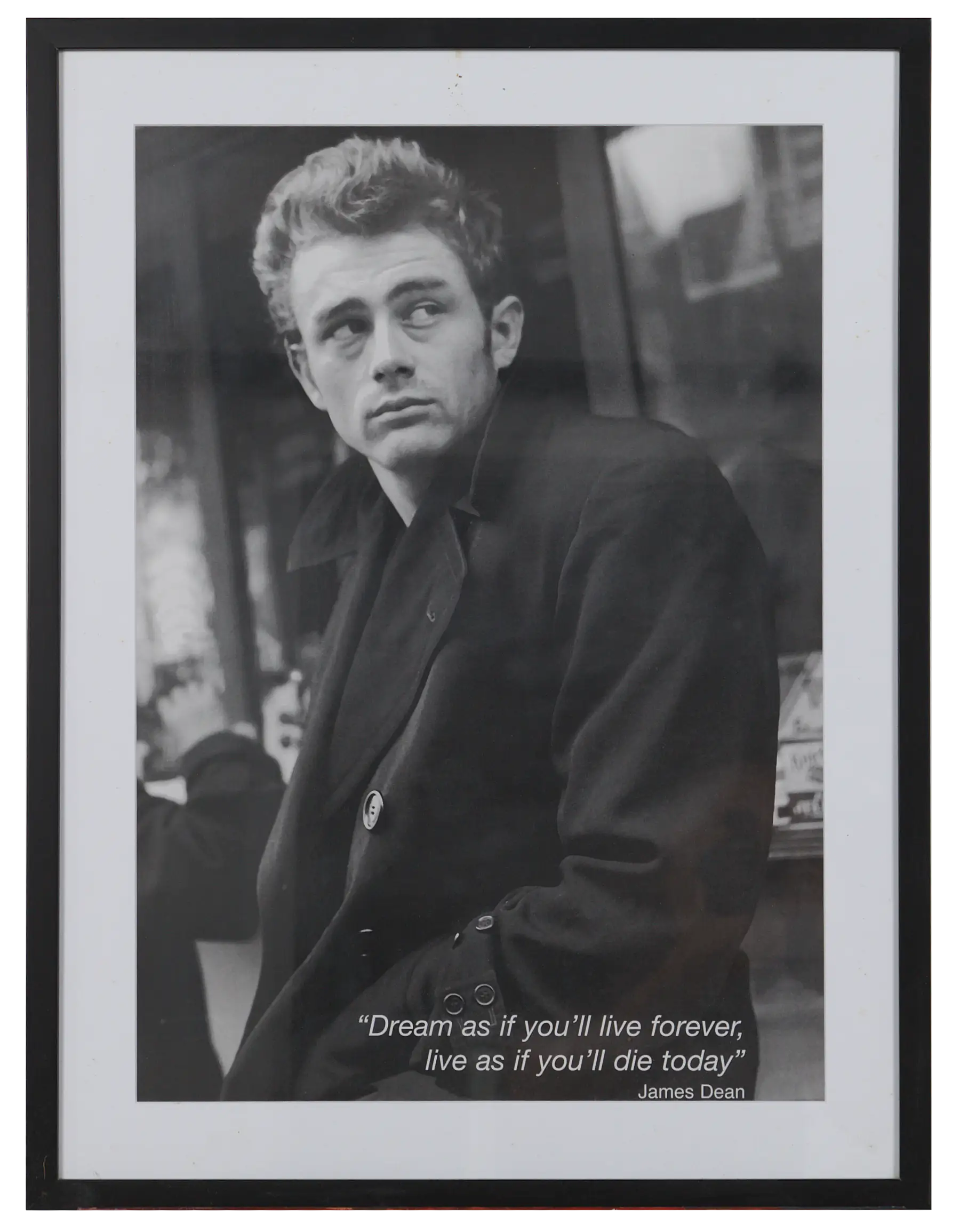 Framed black and white photograph of James Dean