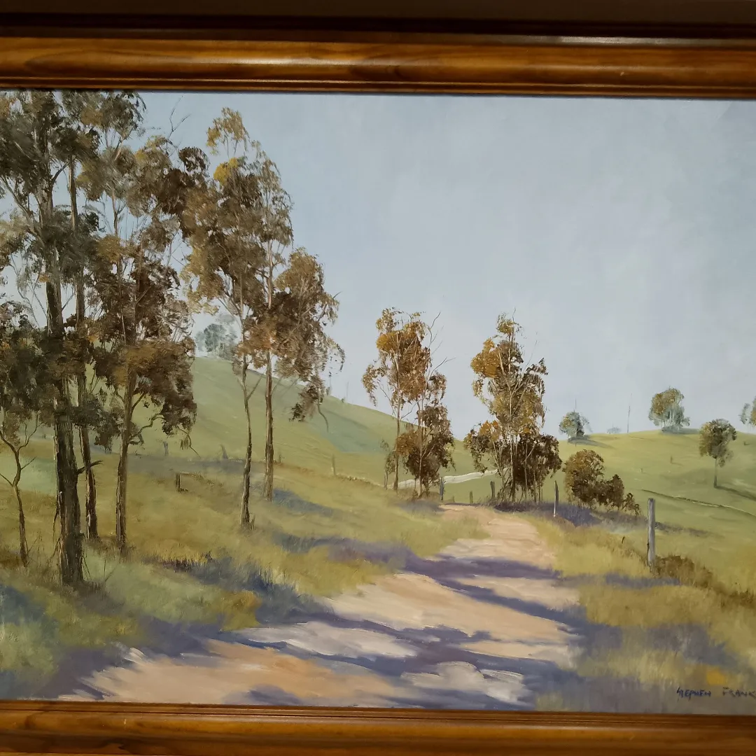 Nice Country Side by Stephen Franks — framed oil of eucalypts along a dirt road