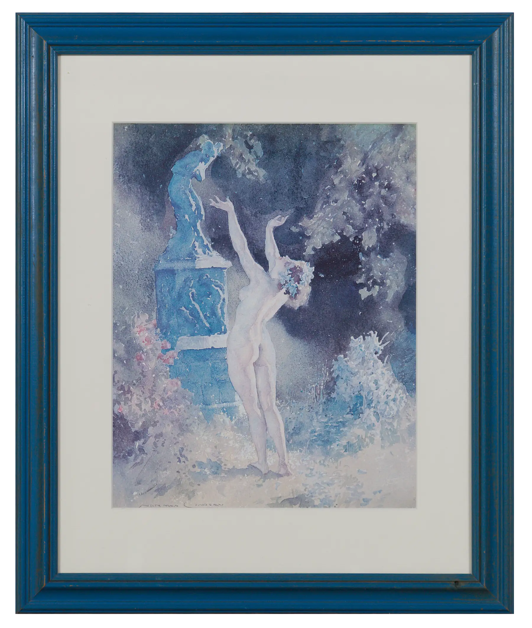 A print of a nude figure reaching up toward a blue urn on a pedestal, among blue and violet foliage, in a blue frame